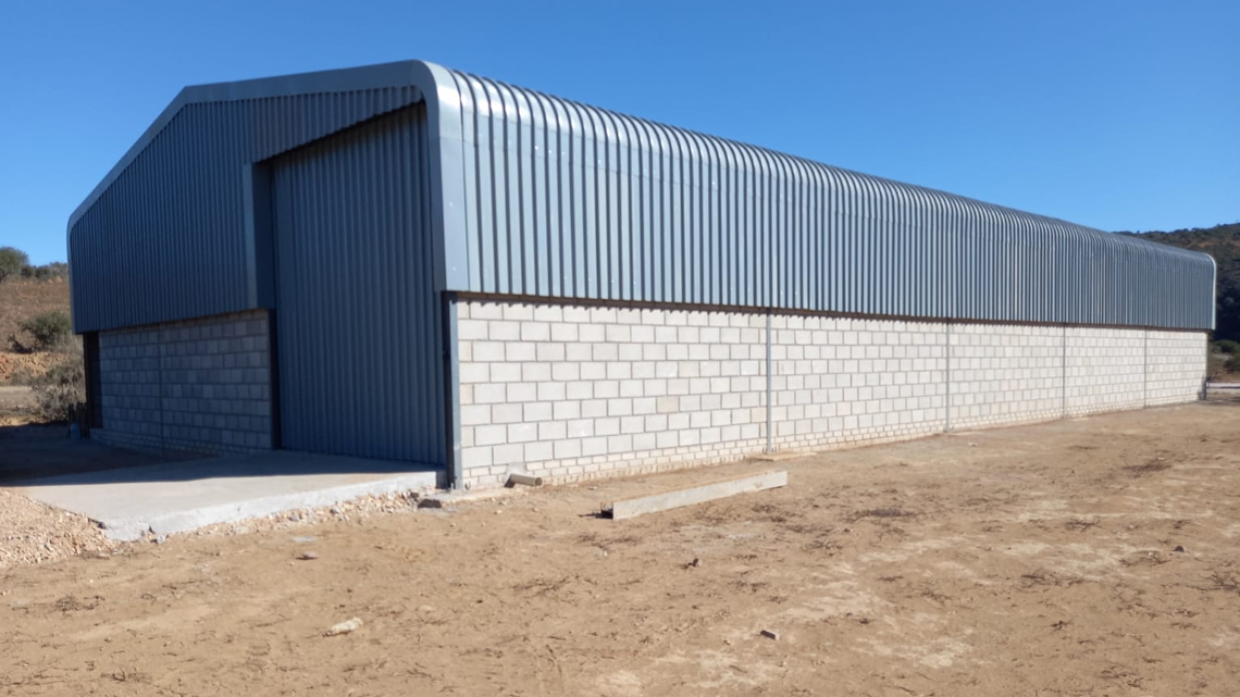 Completed industrial warehouse by Prism Construction in Bushman Sands, featuring oversized face-brick boundary walls, a matching silver-grey metallic curved roof, and an industrial sliding door.